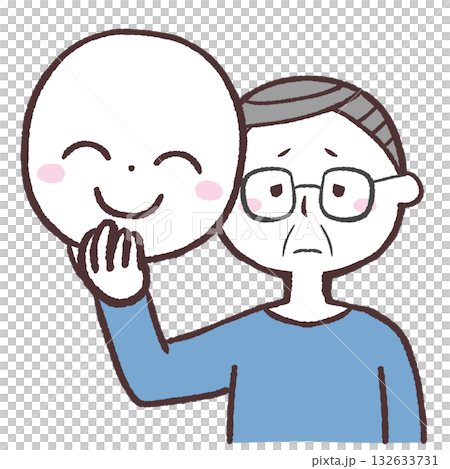 Illustration of a senior man with a sad face holding a smiling mask 132633731