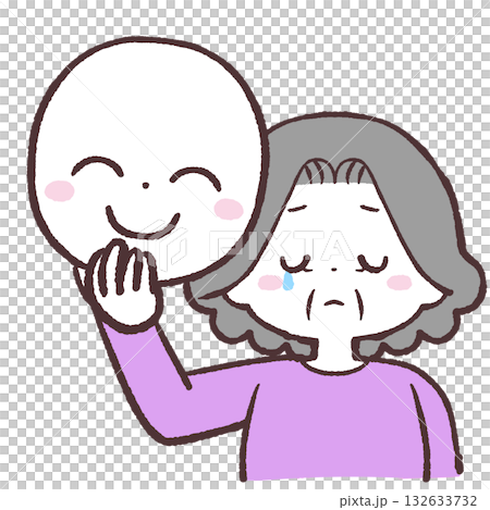 Illustration of a crying senior woman holding a smiling mask 132633732