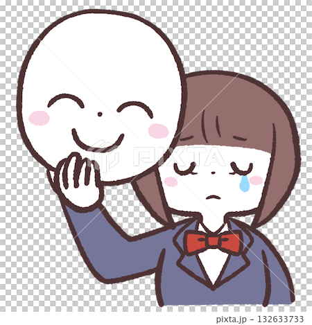 笑顔の仮面を持って泣いている女の子のイラスト 132633733