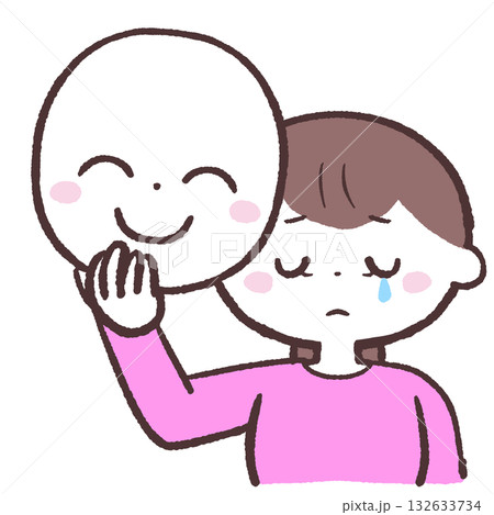笑顔の仮面を持って悲しい顔をしている女性のイラスト 132633734