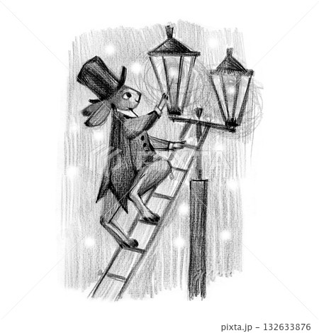 Lamplighter hare cute vintage style illustration. Color pencils hand drawn image. 132633876