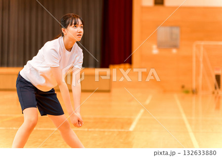 体育館でバレーボールをする体操着姿の女子中学生・女子高生 体育館でバレーボールをする体操着姿の女子中学生・女子高生 132633880