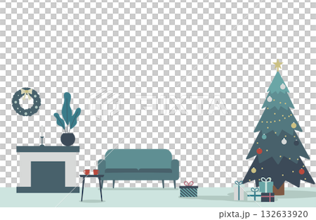聖誕房間背景插圖 | 北歐風格室內設計，配有聖誕樹和壁爐 132633920