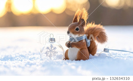 雪の上に飾られたかわいいリスのマスコット 雪の上に飾られたかわいいリスのマスコット 132634310