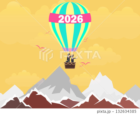 Year 2026 vision, Group of business people flying in the sky on hot air balloons and planning ahead Year 2026 vision, Group of business people flying in the sky on hot air balloons and planning ahead 132634385