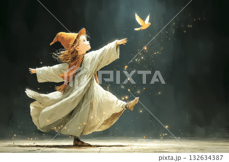 魔女と鳥の妖精のダンスを示す構成 132634387