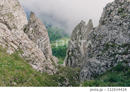Rocky mountain ridge and dramatic cliffs rising. Bolshoy Tkhach national park 132634426