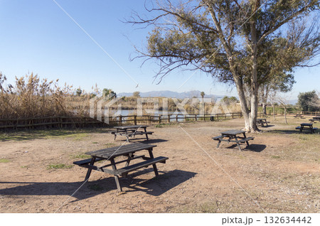 wooden table in a camping area where no people show up 132634442