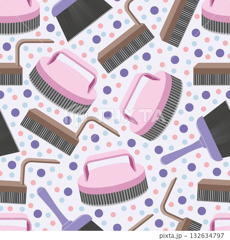 Brown, pink, violet brushes for clothes and shoes seamless pattern design. Natural bristles, endless background, repeating print, ecological zero-waste supplies. Brown, pink, violet brushes for clothes and shoes seamless pattern design. Natural bristles, endless background, repeating print, ecological zero-waste supplies. 132634797