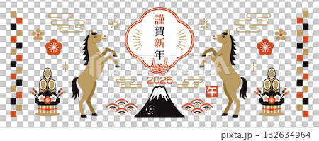 2026 Year of the Horse Japanese-style banner with horse and Mt. Fuji 2026 Year of the Horse Japanese-style banner with horse and Mt. Fuji 132634964
