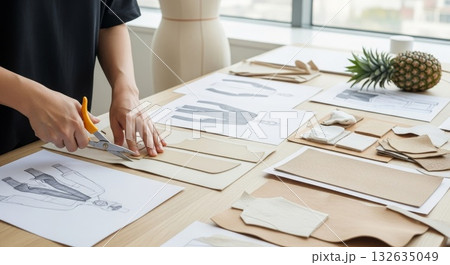 Professional designer cutting natural textured paper materials with orange scissors on wooden workspace surrounded by fabric samples sketches charts and fresh pineapple in bright studio Professional designer cutting natural textured paper materials with orange scissors on wooden workspace surrounded by fabric samples sketches charts and fresh pineapple in bright studio 132635049