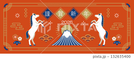 2026年 午年 馬と富士山の和風バナー素材 132635400