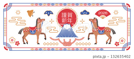 2026年 午年 馬と富士山の和風バナー素材 2026年 午年 馬と富士山の和風バナー素材 132635402
