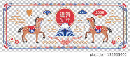 2026年 午年 馬と富士山の和風バナー素材 2026年 午年 馬と富士山の和風バナー素材 132635402
