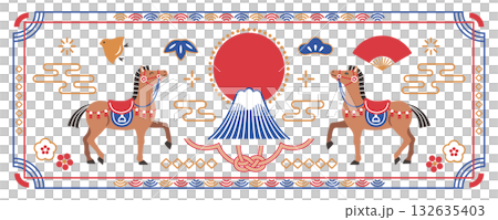2026 Year of the Horse Japanese-style banner with horse and Mt. Fuji 132635403