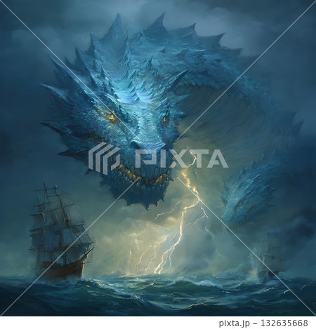 嵐の海から現れる巨大な海竜の幻想的イラスト 132635668
