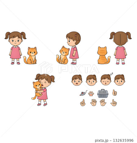 Set of girls with their cats. illustration design 132635996