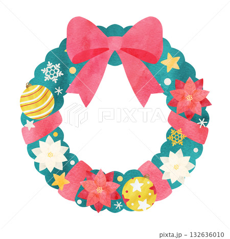 クリスマスリースの手描き水彩イラスト 132636010