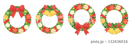クリスマスリースの手描き水彩イラストセット クリスマスリースの手描き水彩イラストセット 132636016