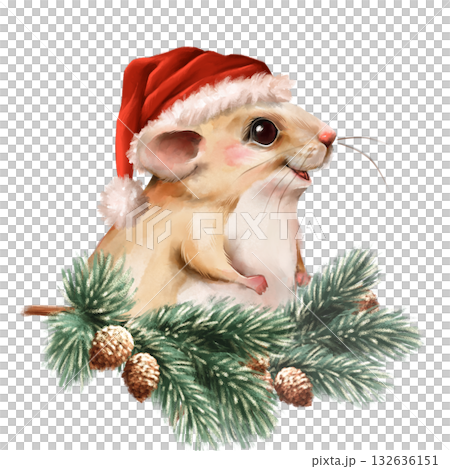 Hand-drawn Christmas Illustration of cute cartoon mouse wearing Santa hat, looking out from pine branches 132636151