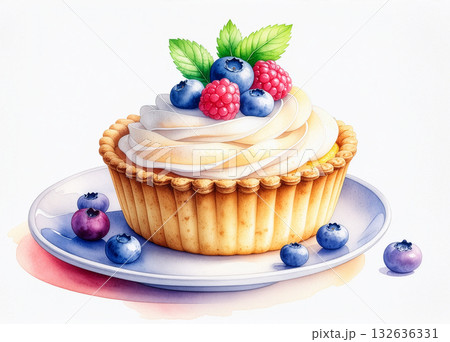 ベリーとミントを添えたレモンタルト｜爽やかで華やかなデザートイラスト 132636331