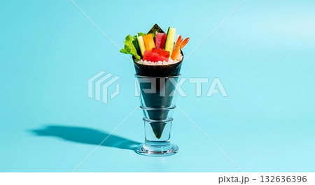 a vibrant and colorful temaki hand-roll, standing upright in a glass holder, showcasing its cone shape and fresh ingredients like tuna and cucumber  132636396