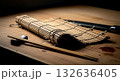 Still life composition, Wabi-sabi aesthetic. a used sushi chef's toolkit a well-worn bamboo mat (makisu) and a single chopstick on a stained wooden countertop Still life composition, Wabi-sabi aesthetic. a used sushi chef's toolkit a well-worn bamboo mat (makisu) and a single chopstick on a stained wooden countertop 132636405