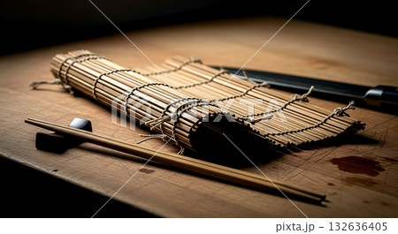 Still life composition, Wabi-sabi aesthetic. a used sushi chef's toolkit a well-worn bamboo mat (makisu) and a single chopstick on a stained wooden countertop  132636405