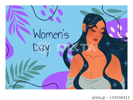 International women day. Happy young girl. Tropical palm leaves. Feminine beautiful portrait. Holiday banner. Attractive face. Female beauty. Abstract botanical shapes. Vector creative greeting card International women day. Happy young girl. Tropical palm leaves. Feminine beautiful portrait. Holiday banner. Attractive face. Female beauty. Abstract botanical shapes. Vector creative greeting card 132636411