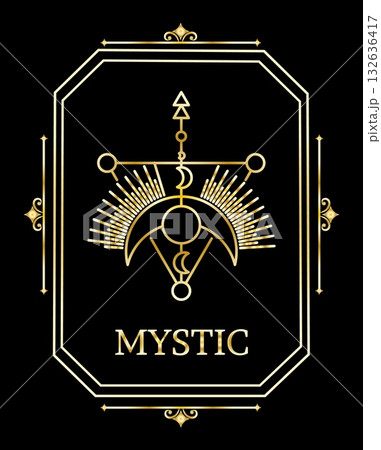 Gold magic ornament. Golden moon composition. Mystic esoteric frame. Tarot cover. Print or design creative outline element. Decorative contour crescent vector isolated on black background illustration 132636417