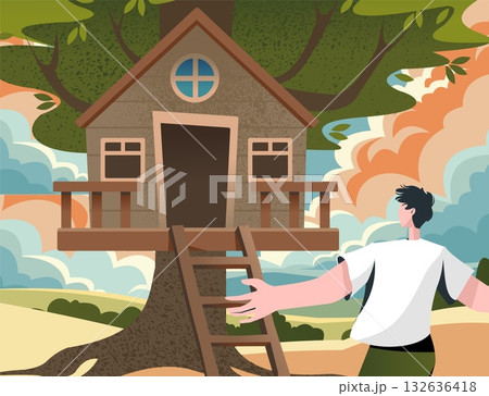 Children tree house. Cozy building on forest wood branch. Small camp home at wood. Man looking at playground hut. Childhood joy. Kindergarten shelter. Treehouse lodge. Outdoor game. Vector concept Children tree house. Cozy building on forest wood branch. Small camp home at wood. Man looking at playground hut. Childhood joy. Kindergarten shelter. Treehouse lodge. Outdoor game. Vector concept 132636418