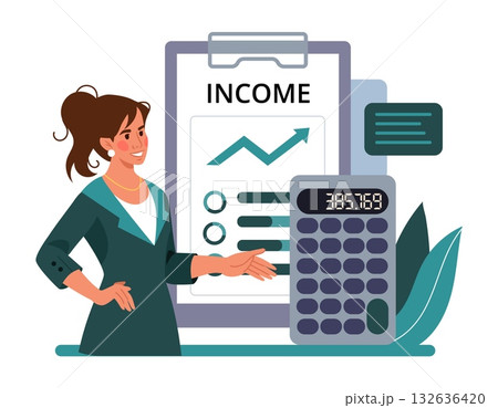 Money counting. Financial income calculation. Woman with big profit report document at clipboard and calculator. Payday salary. Economy benefits growth. Banking fund. Account audit. Vector concept 132636420