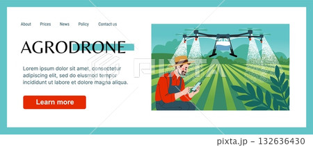 Agriculture farm. Smart farming landing page. Agricultural drone for plantation. Innovation technology. Website design template. Agrodrone sprays fertilizers. Farmer controls robot. Vector background Agriculture farm. Smart farming landing page. Agricultural drone for plantation. Innovation technology. Website design template. Agrodrone sprays fertilizers. Farmer controls robot. Vector background 132636430