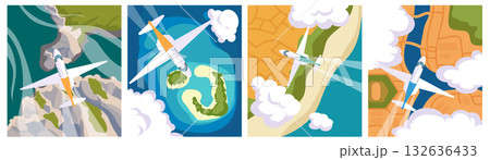 Aeroplane fly. Scenic landscape aerial view. Plane on journey. Aircraft travel. Transport for flight. Holiday on aviation. Earth map. Ocean coast. Above at ground. Sky cloud. Vector travel cards set 132636433