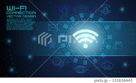 Wi-Fi signal. Wireless network. Glowing circuit symbol. Tech system. Digital connection. Online data flow. Computer icon. Global web communication. Modern technology Vector smart garish media banner Wi-Fi signal. Wireless network. Glowing circuit symbol. Tech system. Digital connection. Online data flow. Computer icon. Global web communication. Modern technology Vector smart garish media banner 132636443