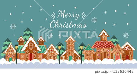 Gingerbread house. Town in winter landscape. Christmas card design, holiday lettering. Snowy sky panorama, cute decoration, seasonal celebration. Vector tidy cartoon flat style isolated illustration Gingerbread house. Town in winter landscape. Christmas card design, holiday lettering. Snowy sky panorama, cute decoration, seasonal celebration. Vector tidy cartoon flat style isolated illustration 132636445