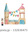 A castle made of wooden blocks for children with a soldier image and hand-drawn watercolors on an isolated white background, for creating compositions, decorating postcards, invitations, packaging. 132636473