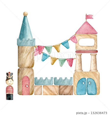 A castle made of wooden blocks for children with a soldier image and hand-drawn watercolors on an isolated white background, for creating compositions, decorating postcards, invitations, packaging. A castle made of wooden blocks for children with a soldier image and hand-drawn watercolors on an isolated white background, for creating compositions, decorating postcards, invitations, packaging. 132636473