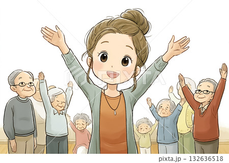 美優シリーズ:女性スタッフが笑顔で高齢者と一緒に体操をしているシーン 美優シリーズ:女性スタッフが笑顔で高齢者と一緒に体操をしているシーン 132636518