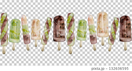 Ice cream sticks in an assorted seamless banner. Ice lolly popsicle, chocolate vanilla matcha pistachio flavors. Isolated illustration hand drawn in watercolor. Gourmet menu insert, summer product tag 132636595