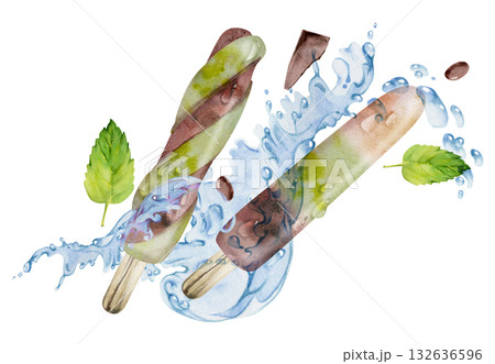 Chocolate and mint ice cream popsicles with glossy coating, splash and melt details, water droplets and waves. Isolated illustration hand drawn in watercolor. Chilled product art, dessert wrap design. 132636596
