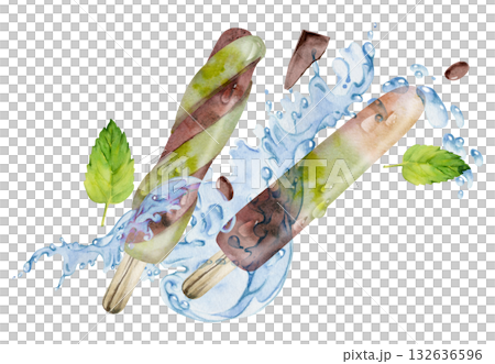 Chocolate and mint ice cream popsicles with glossy coating, splash and melt details, water droplets and waves. Isolated illustration hand drawn in watercolor. Chilled product art, dessert wrap design. 132636596