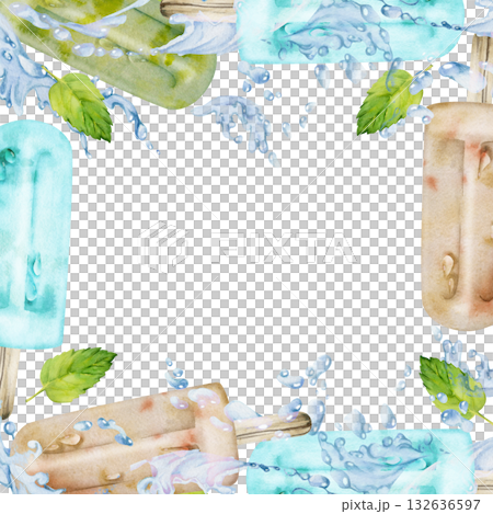 Popsicle ice pop stick dessert with mint leaves in cooling waters splashes, waves and drops. Isolated square border frame illustration hand drawn in watercolor. Sweet product wrap, frozen snack decor. 132636597