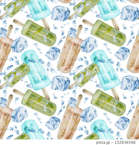 Glossy vanilla matcha pistachio popsicle, cool splashes, drops and ice cubes. Isolated seamless pattern illustration hand drawn in watercolor. Summer treat flyer, frozen snack tag, cafe menu insert. 132636598