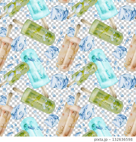 Glossy vanilla matcha pistachio popsicle, cool splashes, drops and ice cubes. Isolated seamless pattern illustration hand drawn in watercolor. Summer treat flyer, frozen snack tag, cafe menu insert. 132636598