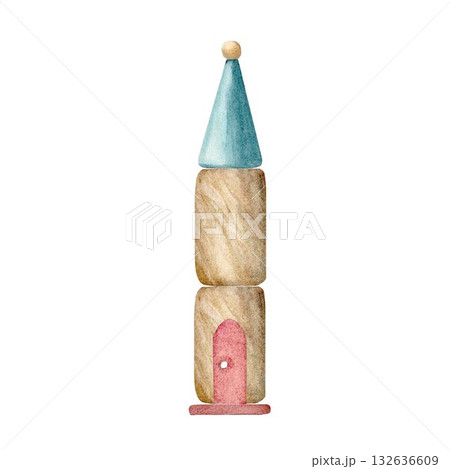 The tower is made of wooden building blocks from a children's construction set, hand-drawn on an isolated background using watercolors. It is suitable for decorating postcards, invitations, packaging. The tower is made of wooden building blocks from a children's construction set, hand-drawn on an isolated background using watercolors. It is suitable for decorating postcards, invitations, packaging. 132636609