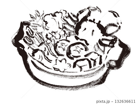 蟹鍋　和風筆書きイラスト　モノクロ 132636611