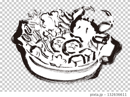 蟹鍋　和風筆書きイラスト　モノクロ 132636611