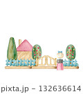 A composition made of wooden blocks - an orchard with a house, a fence, a gate, and a doll painted in watercolor on an isolated background for postcards, banners, invitations, packaging. 132636614