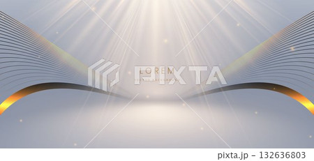 Luxury light gold ray on grey background with gold wave lines effect sparkle. Luxury light gold ray on grey background with gold wave lines effect sparkle. 132636803